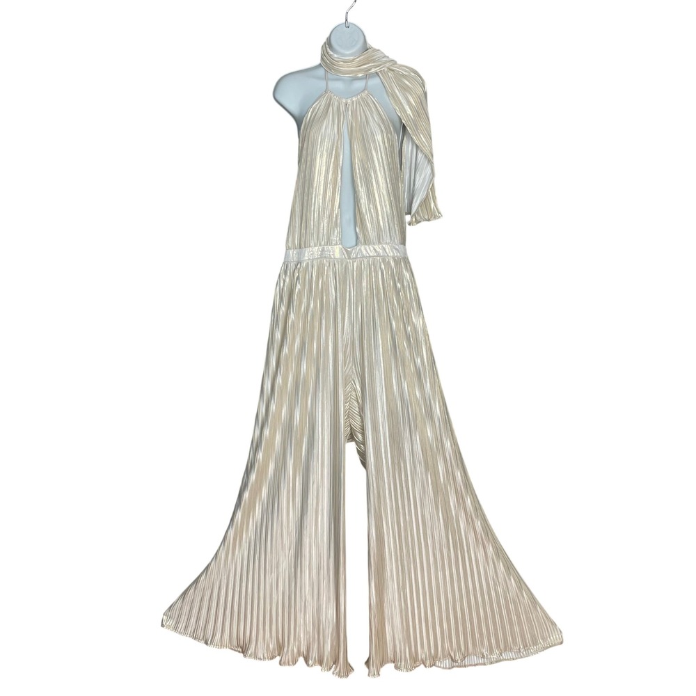Fashion Nova Jumpsuit Metallic Gold White Halter Neck Disco Wide Leg Pleated 1X